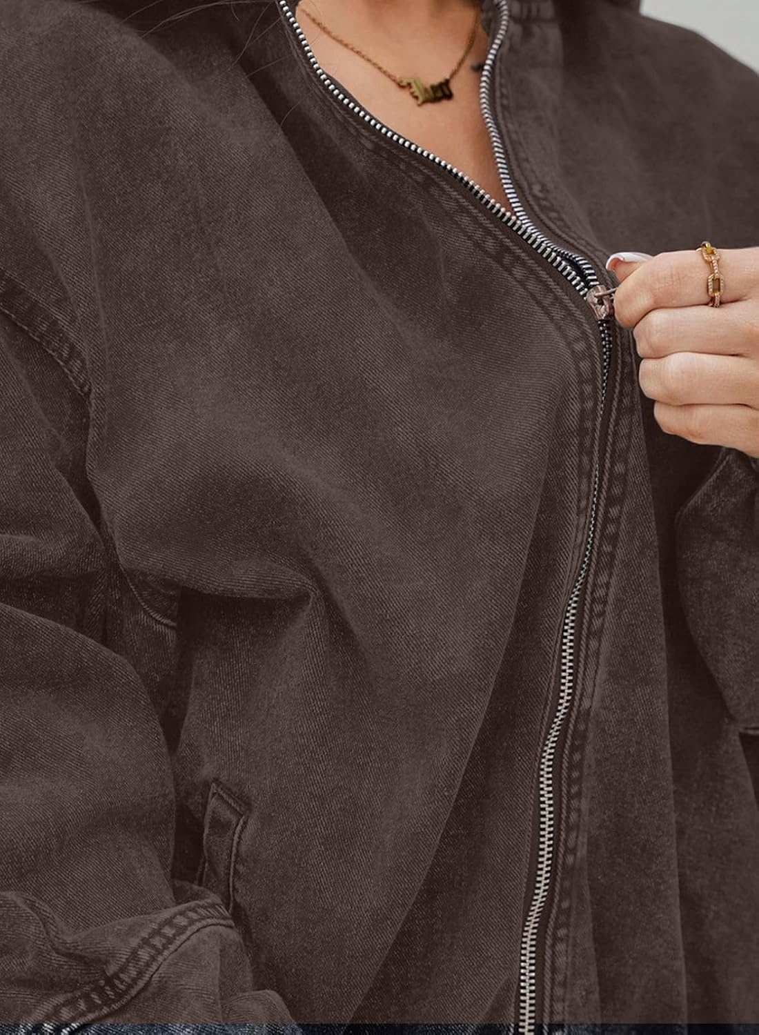 image:imageSHEWIN Womens Jean Jacket Vintage Long Sleeve Drop Shoulder Zip Up Elastic Hem Loose Washed Hooded Bomber Jacket CoatCoffee