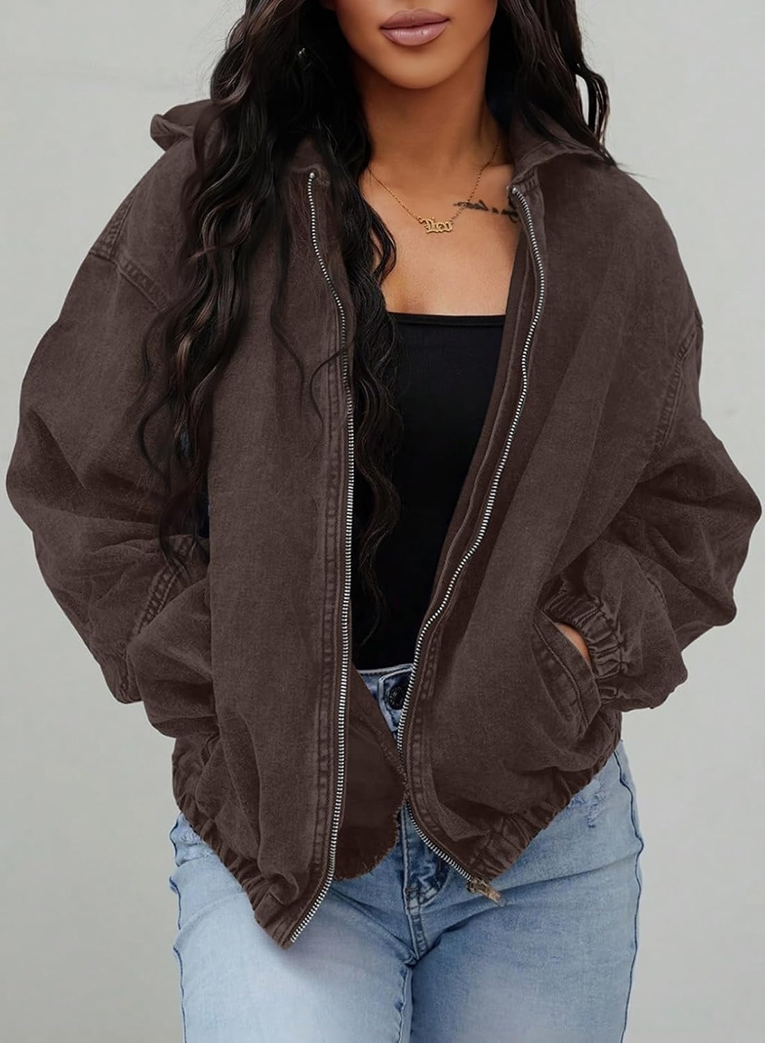 image:imageSHEWIN Womens Jean Jacket Vintage Long Sleeve Drop Shoulder Zip Up Elastic Hem Loose Washed Hooded Bomber Jacket CoatCoffee