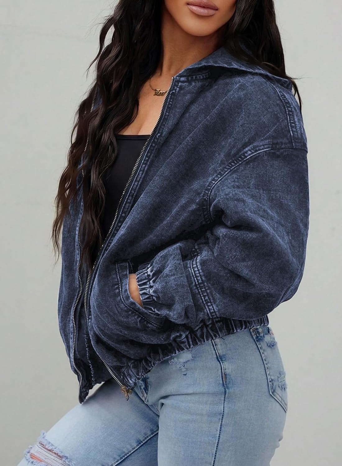 image:imageSHEWIN Womens Jean Jacket Vintage Long Sleeve Drop Shoulder Zip Up Elastic Hem Loose Washed Hooded Bomber Jacket CoatSail Blue