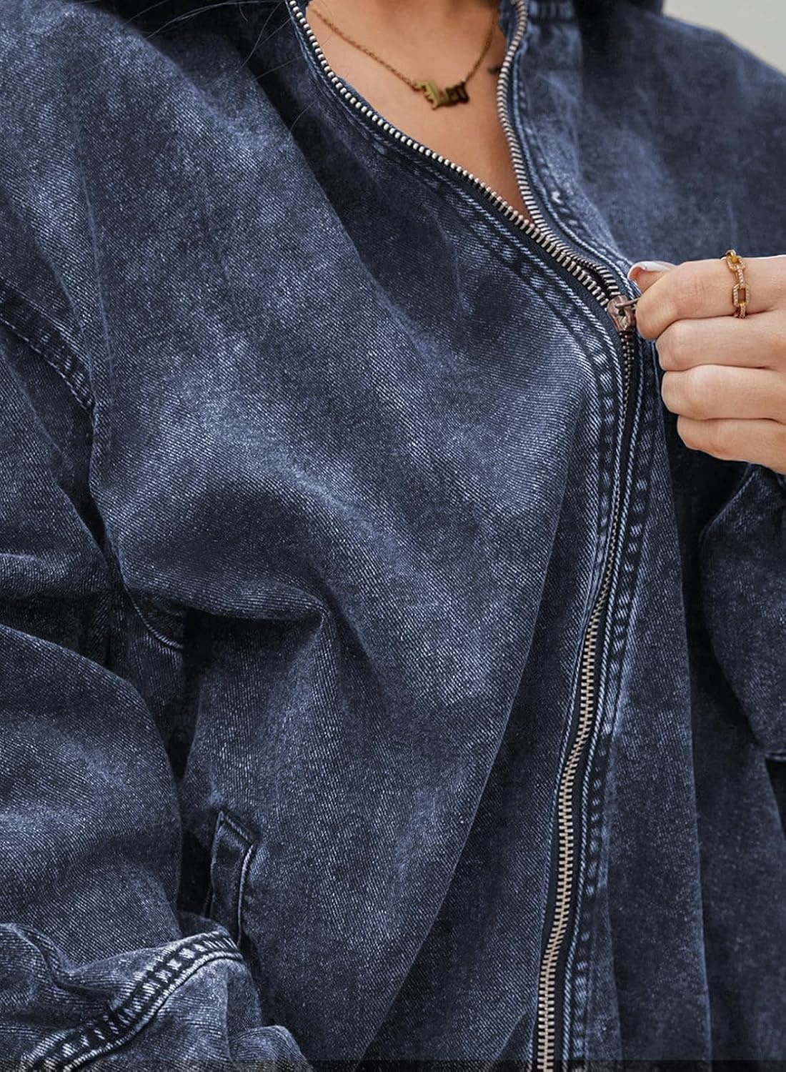image:imageSHEWIN Womens Jean Jacket Vintage Long Sleeve Drop Shoulder Zip Up Elastic Hem Loose Washed Hooded Bomber Jacket CoatSail Blue