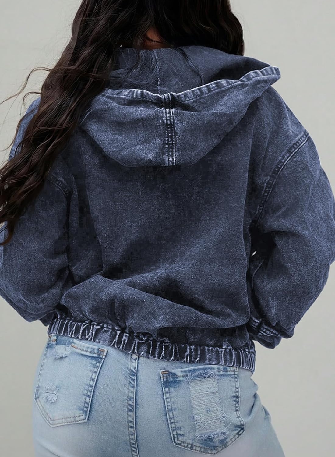 image:imageSHEWIN Womens Jean Jacket Vintage Long Sleeve Drop Shoulder Zip Up Elastic Hem Loose Washed Hooded Bomber Jacket CoatSail Blue