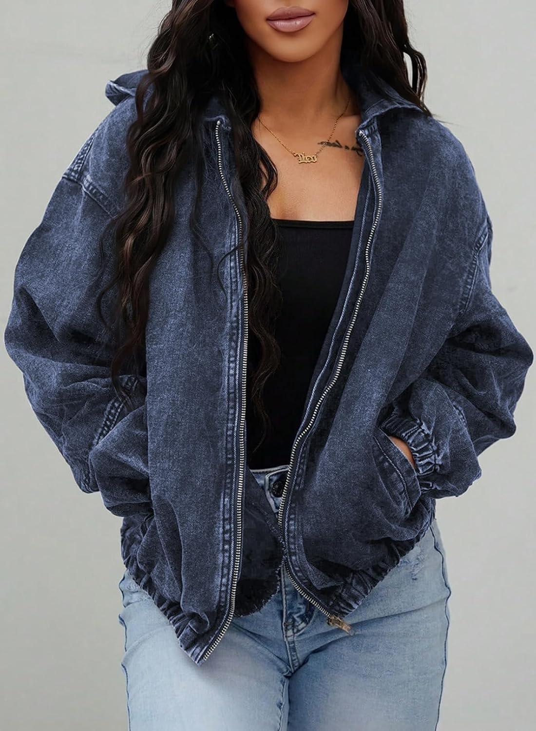 image:imageSHEWIN Womens Jean Jacket Vintage Long Sleeve Drop Shoulder Zip Up Elastic Hem Loose Washed Hooded Bomber Jacket CoatSail Blue