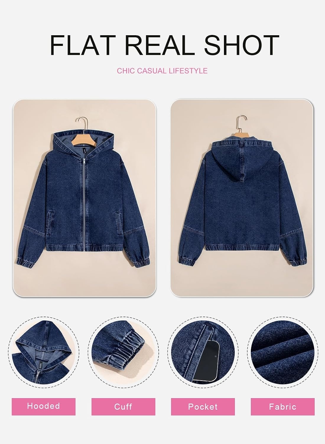 image:imageSHEWIN Womens Jean Jacket Vintage Long Sleeve Drop Shoulder Zip Up Elastic Hem Loose Washed Hooded Bomber Jacket CoatSail Blue
