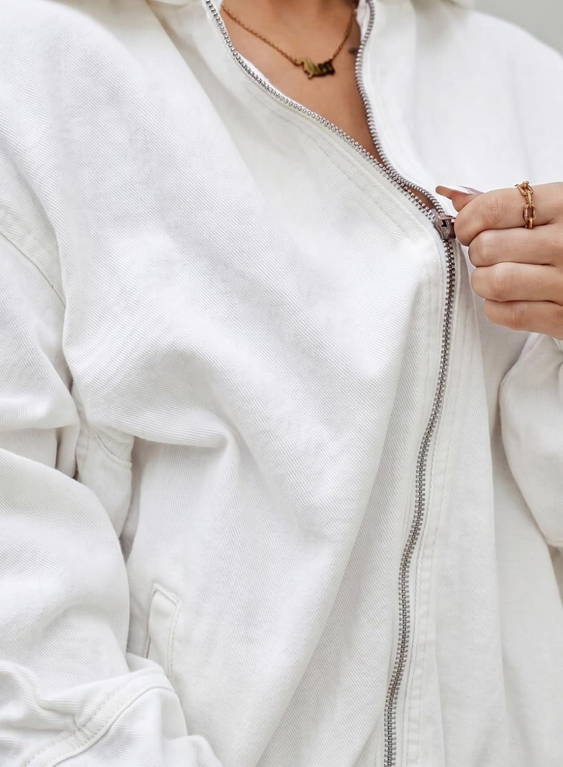 image:imageSHEWIN Womens Jean Jacket Vintage Long Sleeve Drop Shoulder Zip Up Elastic Hem Loose Washed Hooded Bomber Jacket CoatWhite