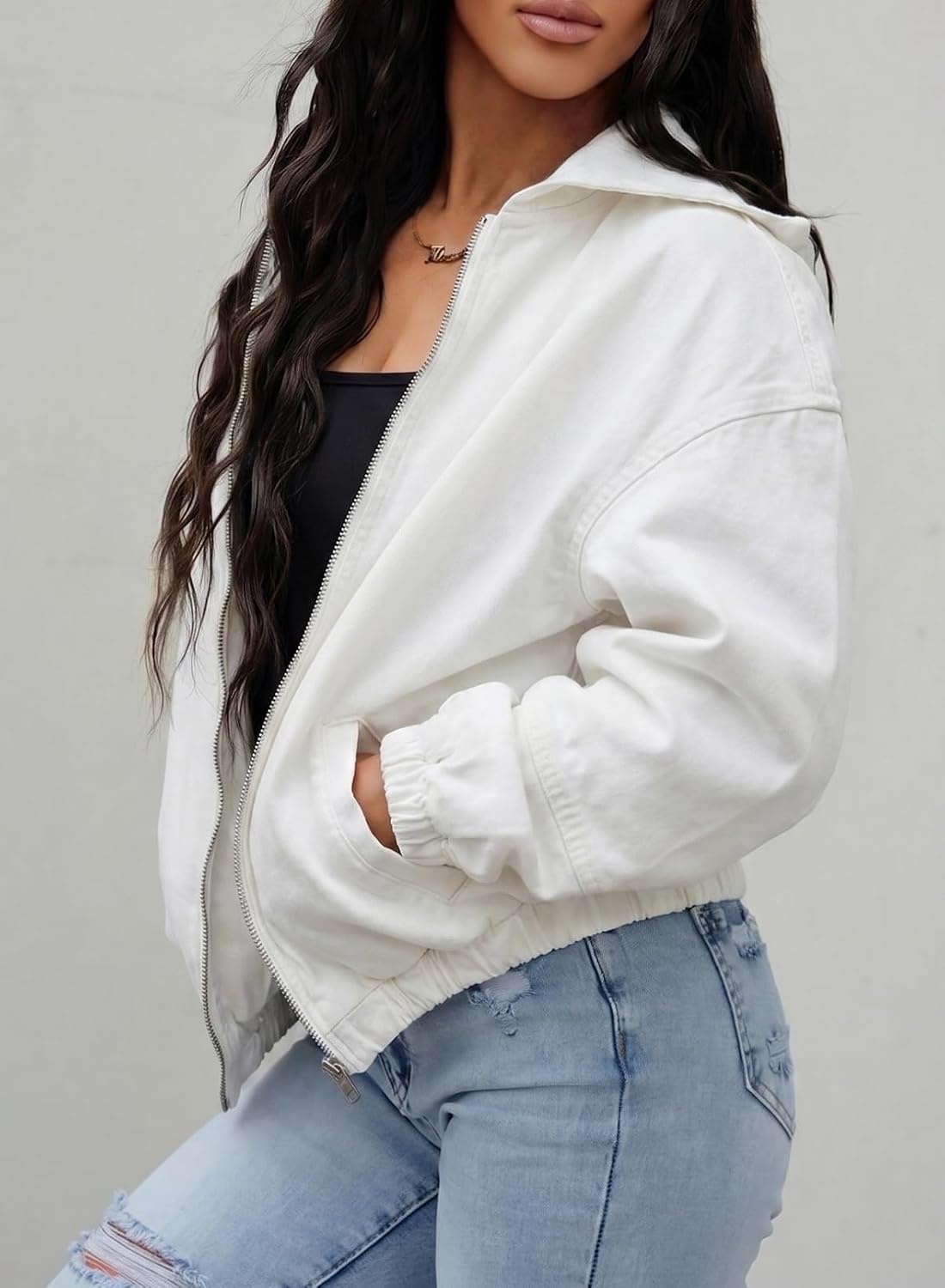 image:imageSHEWIN Womens Jean Jacket Vintage Long Sleeve Drop Shoulder Zip Up Elastic Hem Loose Washed Hooded Bomber Jacket CoatWhite