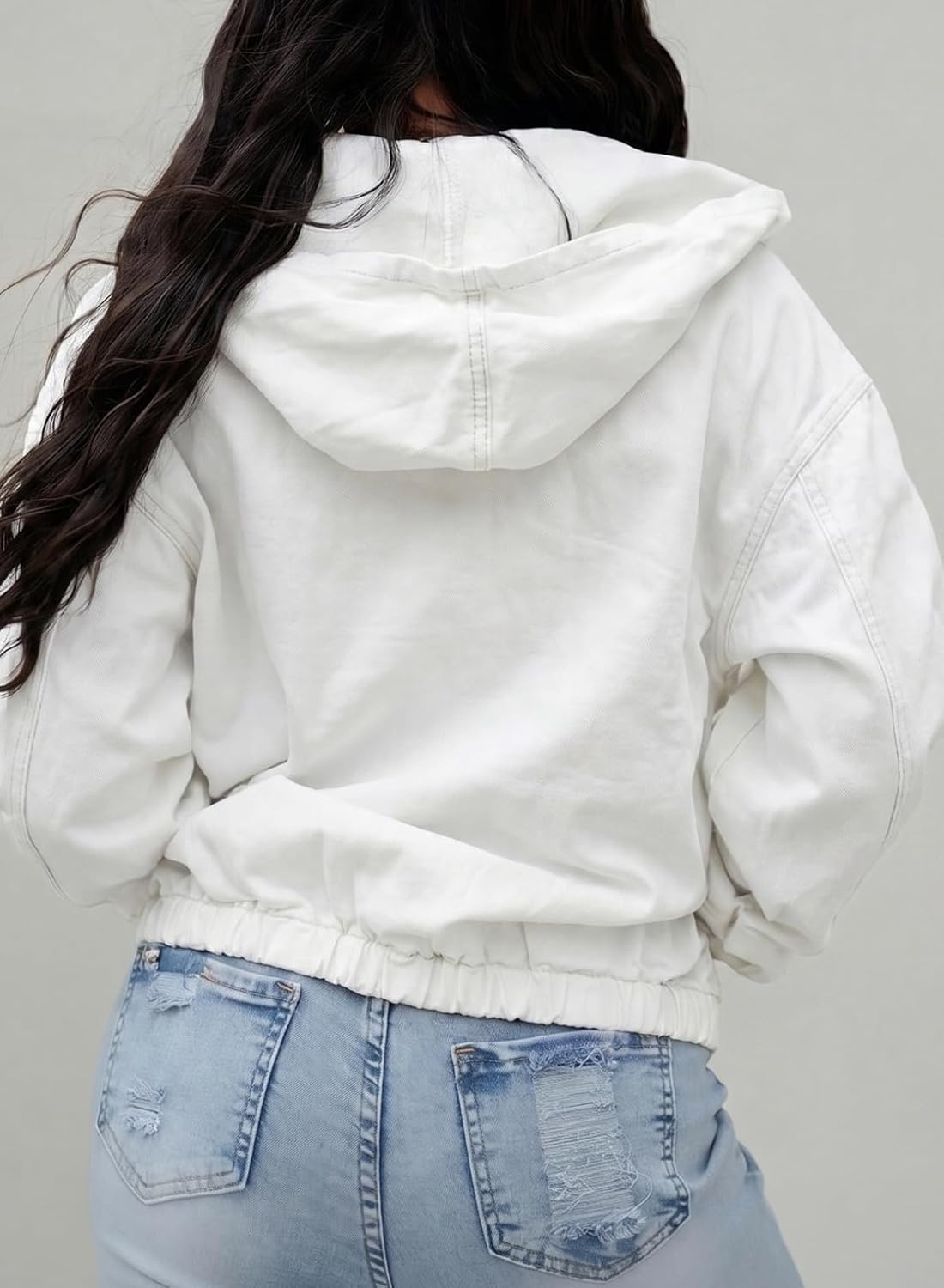 image:imageSHEWIN Womens Jean Jacket Vintage Long Sleeve Drop Shoulder Zip Up Elastic Hem Loose Washed Hooded Bomber Jacket CoatWhite