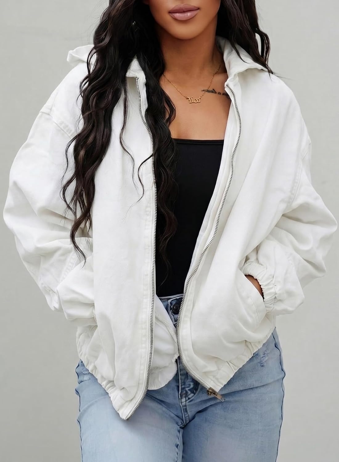 image:imageSHEWIN Womens Jean Jacket Vintage Long Sleeve Drop Shoulder Zip Up Elastic Hem Loose Washed Hooded Bomber Jacket CoatWhite