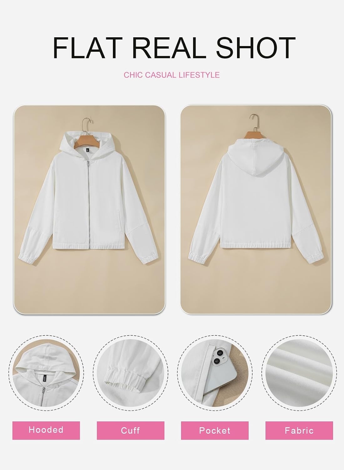image:imageSHEWIN Womens Jean Jacket Vintage Long Sleeve Drop Shoulder Zip Up Elastic Hem Loose Washed Hooded Bomber Jacket CoatWhite