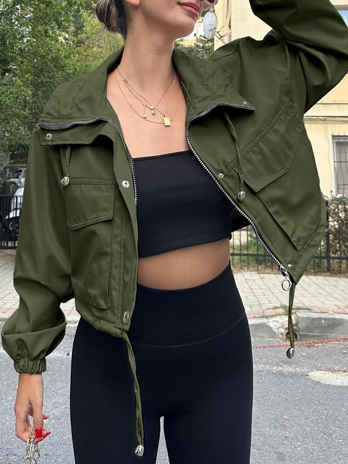image:imageTankaneo Womens Cropped Jacket Zip Up Lightweight Oversized Utility AnorakArmy Green