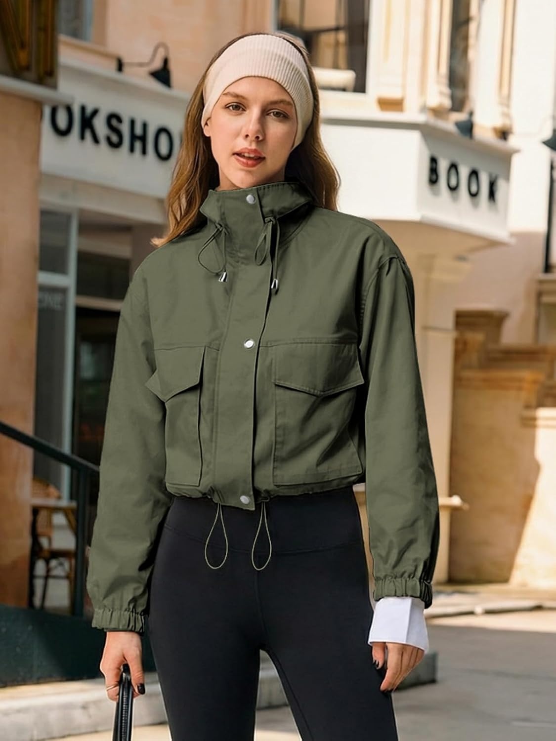 image:imageTankaneo Womens Cropped Jacket Zip Up Lightweight Oversized Utility AnorakArmy Green