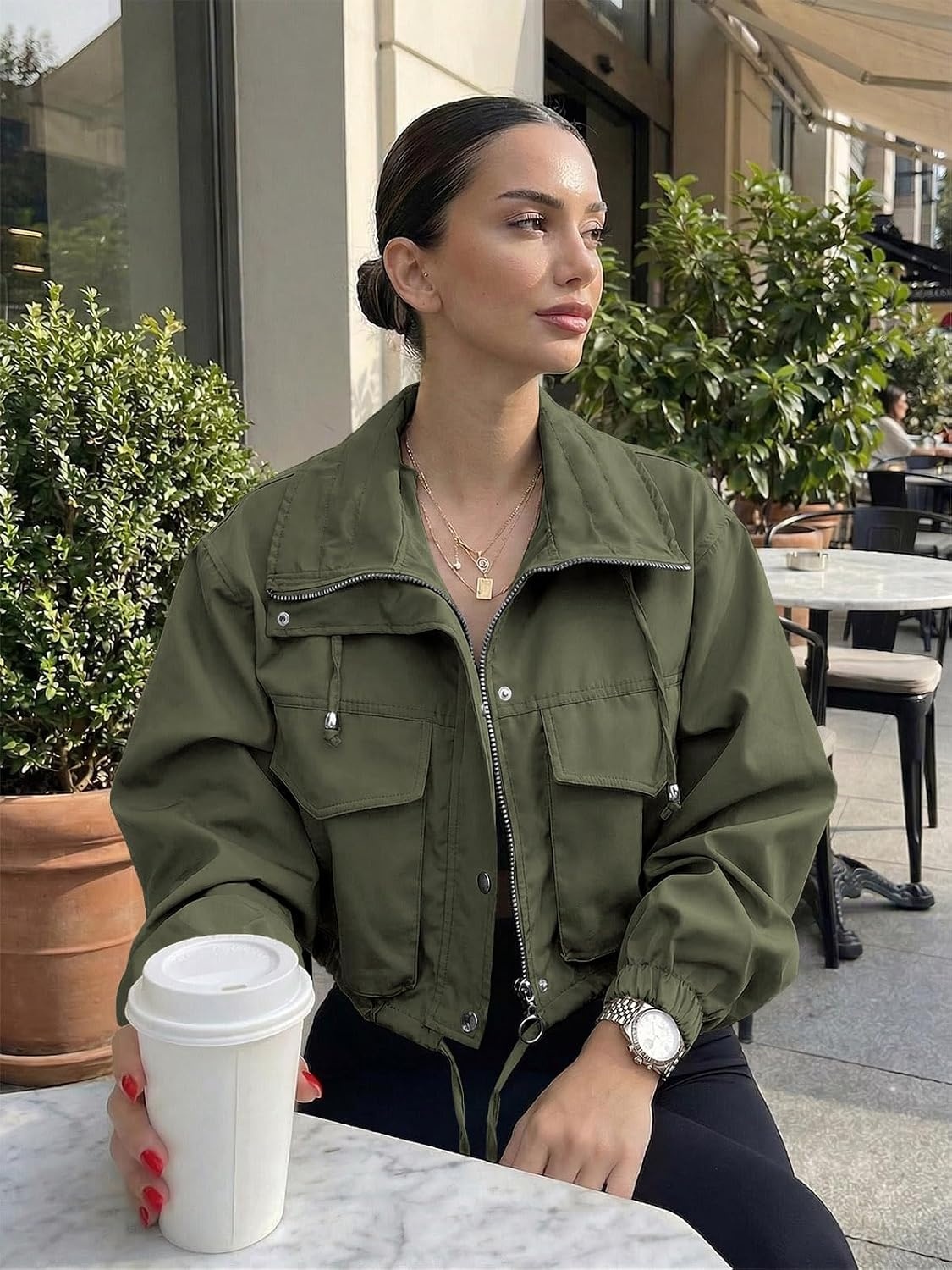 image:imageTankaneo Womens Cropped Jacket Zip Up Lightweight Oversized Utility AnorakArmy Green