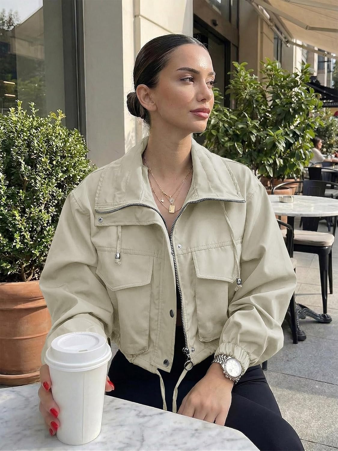 image:imageTankaneo Womens Cropped Jacket Zip Up Lightweight Oversized Utility AnorakBeige