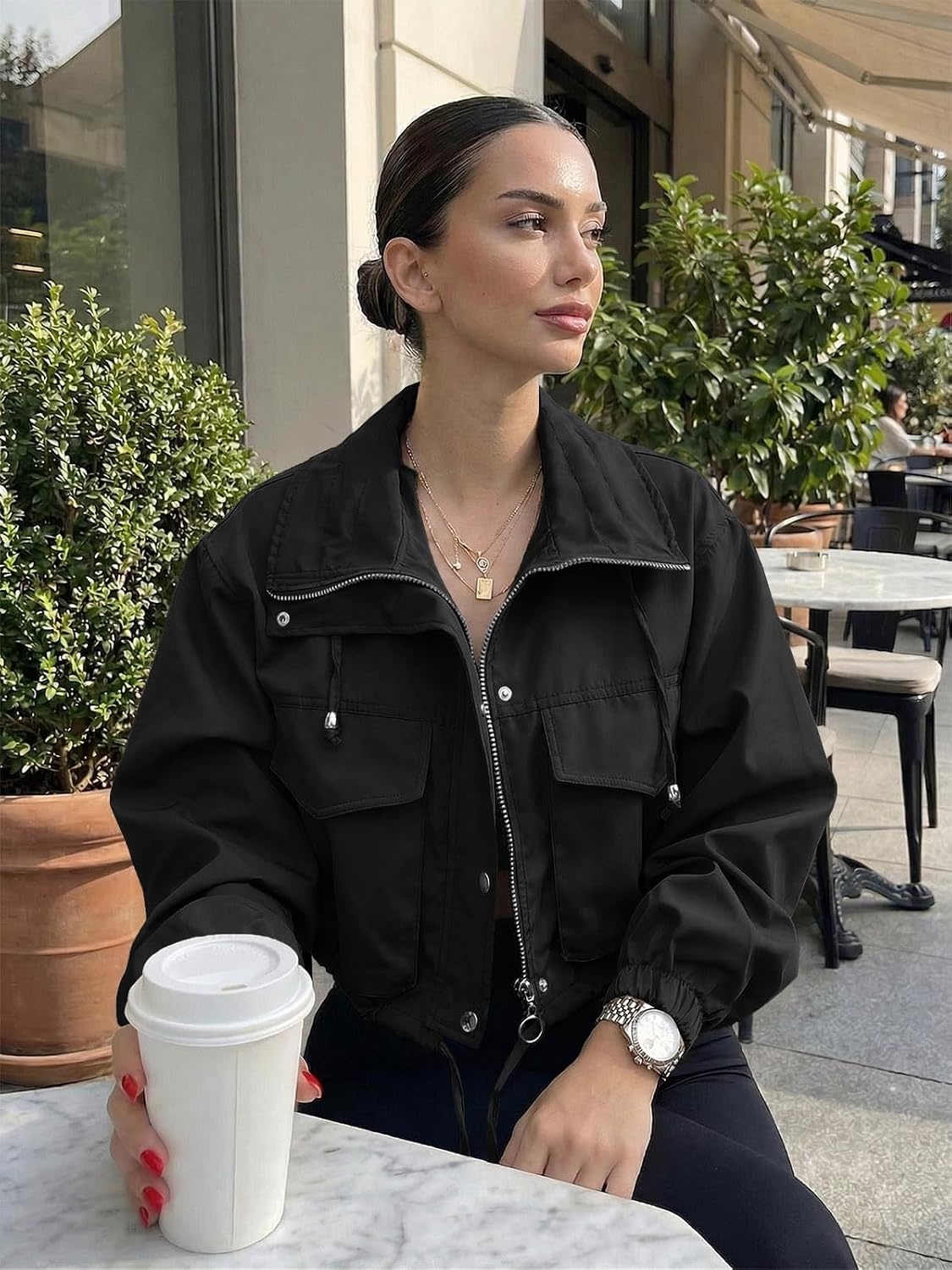 image:imageTankaneo Womens Cropped Jacket Zip Up Lightweight Oversized Utility AnorakBlack