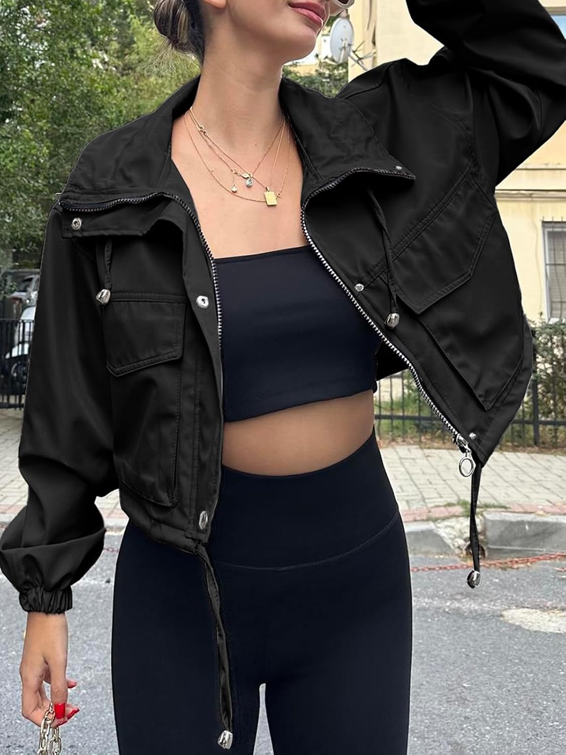 image:imageTankaneo Womens Cropped Jacket Zip Up Lightweight Oversized Utility AnorakBlack