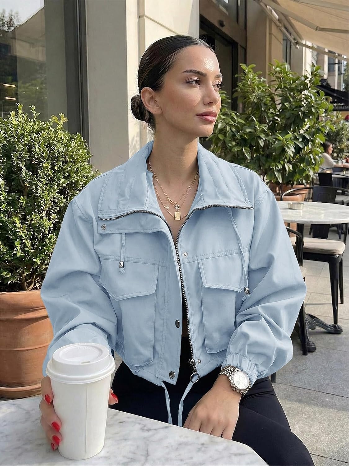 image:imageTankaneo Womens Cropped Jacket Zip Up Lightweight Oversized Utility AnorakBlue