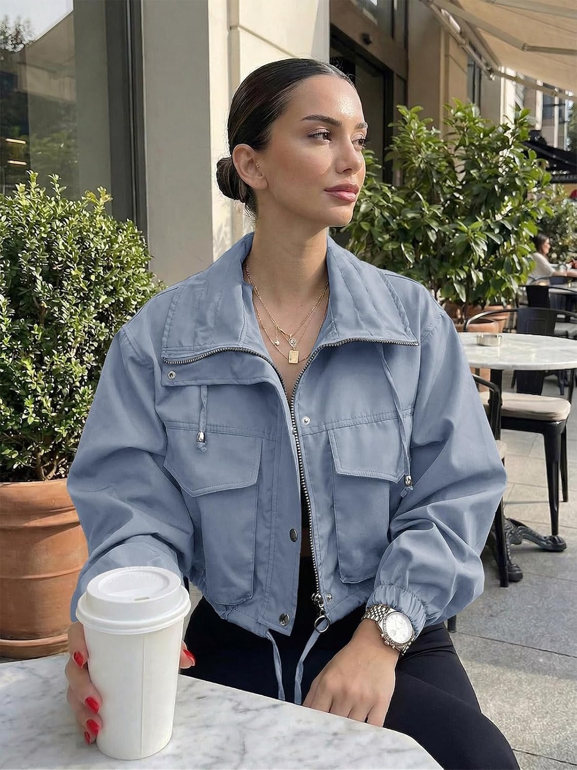 image:imageTankaneo Womens Cropped Jacket Zip Up Lightweight Oversized Utility AnorakBlue Grey