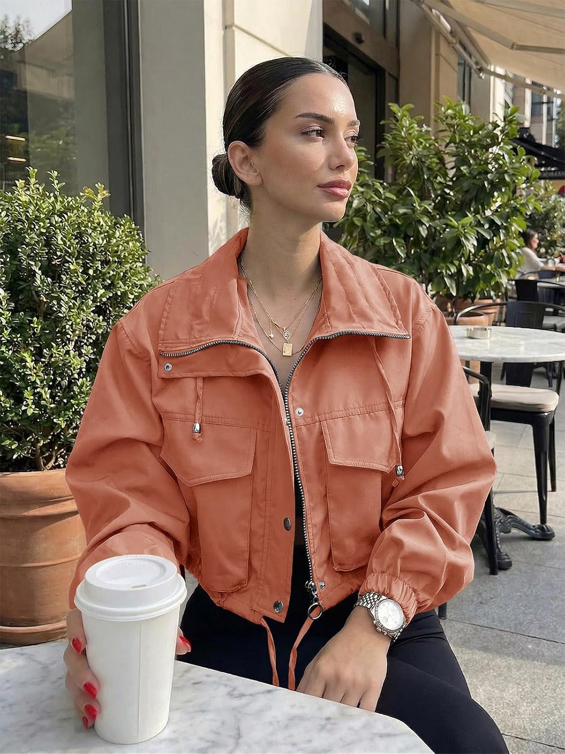 image:imageTankaneo Womens Cropped Jacket Zip Up Lightweight Oversized Utility AnorakBrick Red
