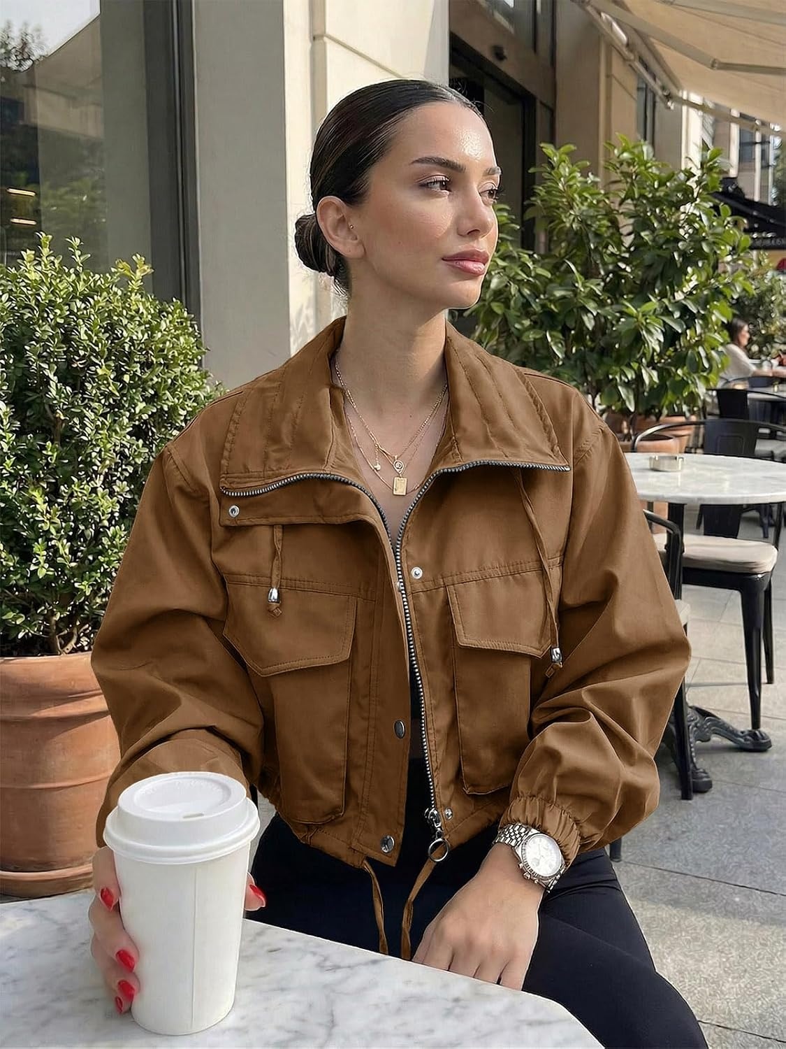 image:imageTankaneo Womens Cropped Jacket Zip Up Lightweight Oversized Utility AnorakBrown