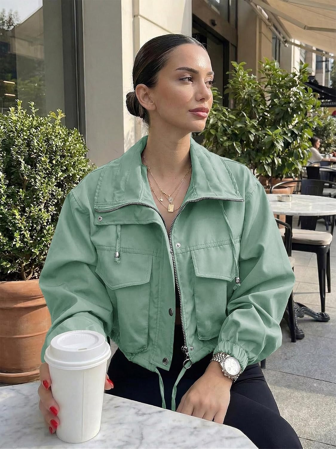 image:imageTankaneo Womens Cropped Jacket Zip Up Lightweight Oversized Utility AnorakGreen