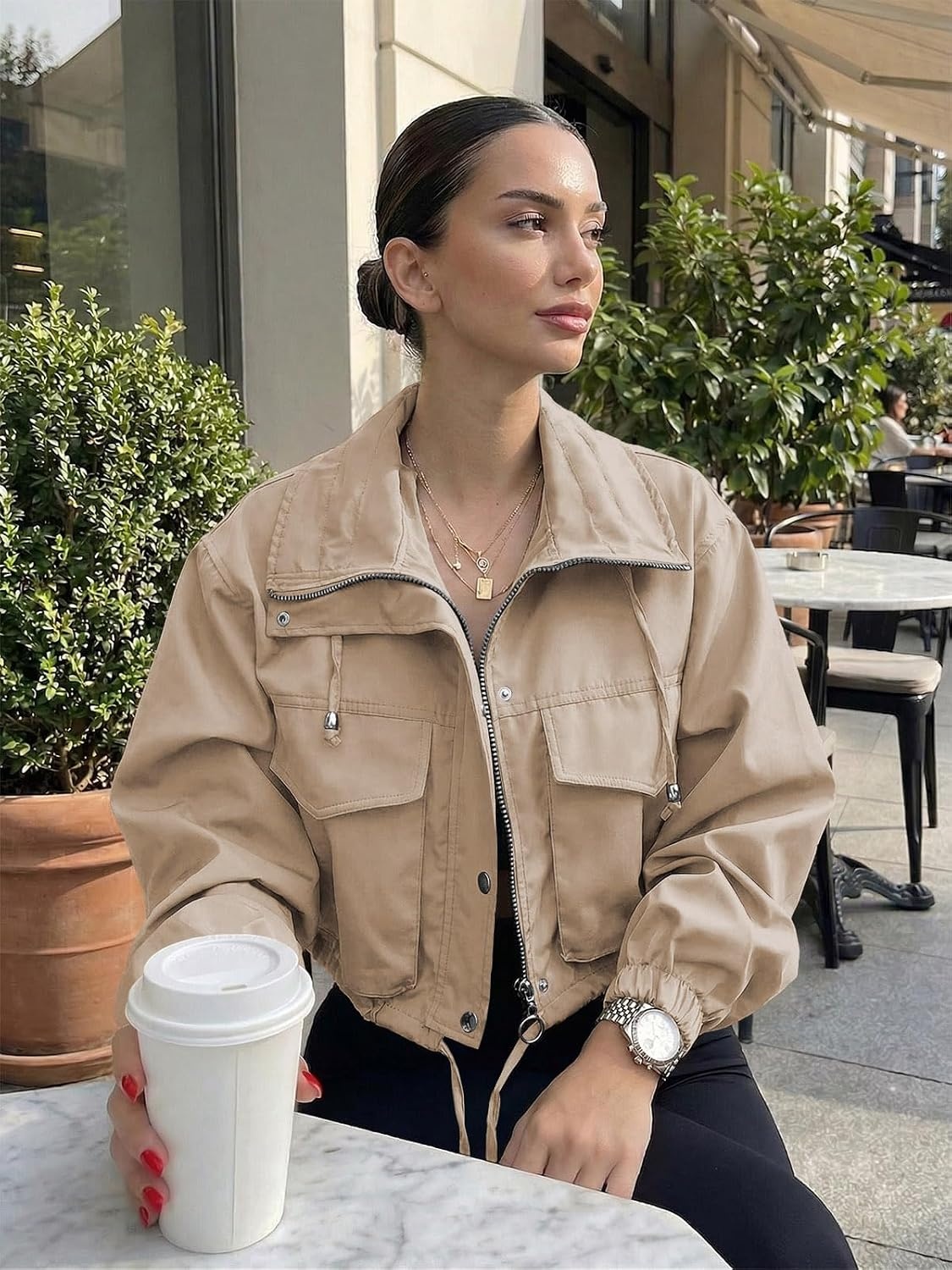 image:imageTankaneo Womens Cropped Jacket Zip Up Lightweight Oversized Utility AnorakKhaki