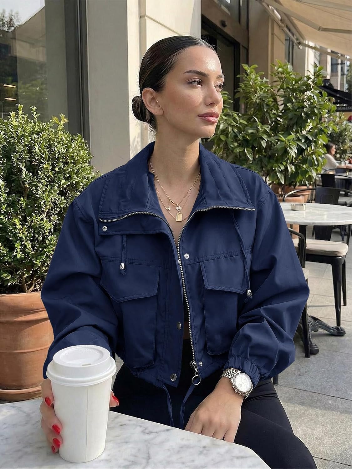 image:imageTankaneo Womens Cropped Jacket Zip Up Lightweight Oversized Utility AnorakNavy