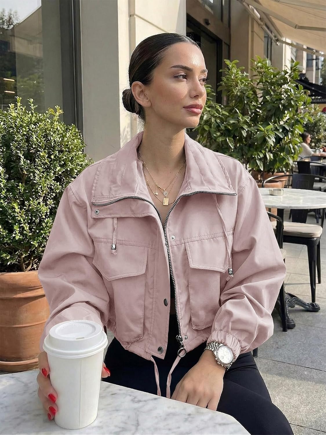image:imageTankaneo Womens Cropped Jacket Zip Up Lightweight Oversized Utility AnorakPink