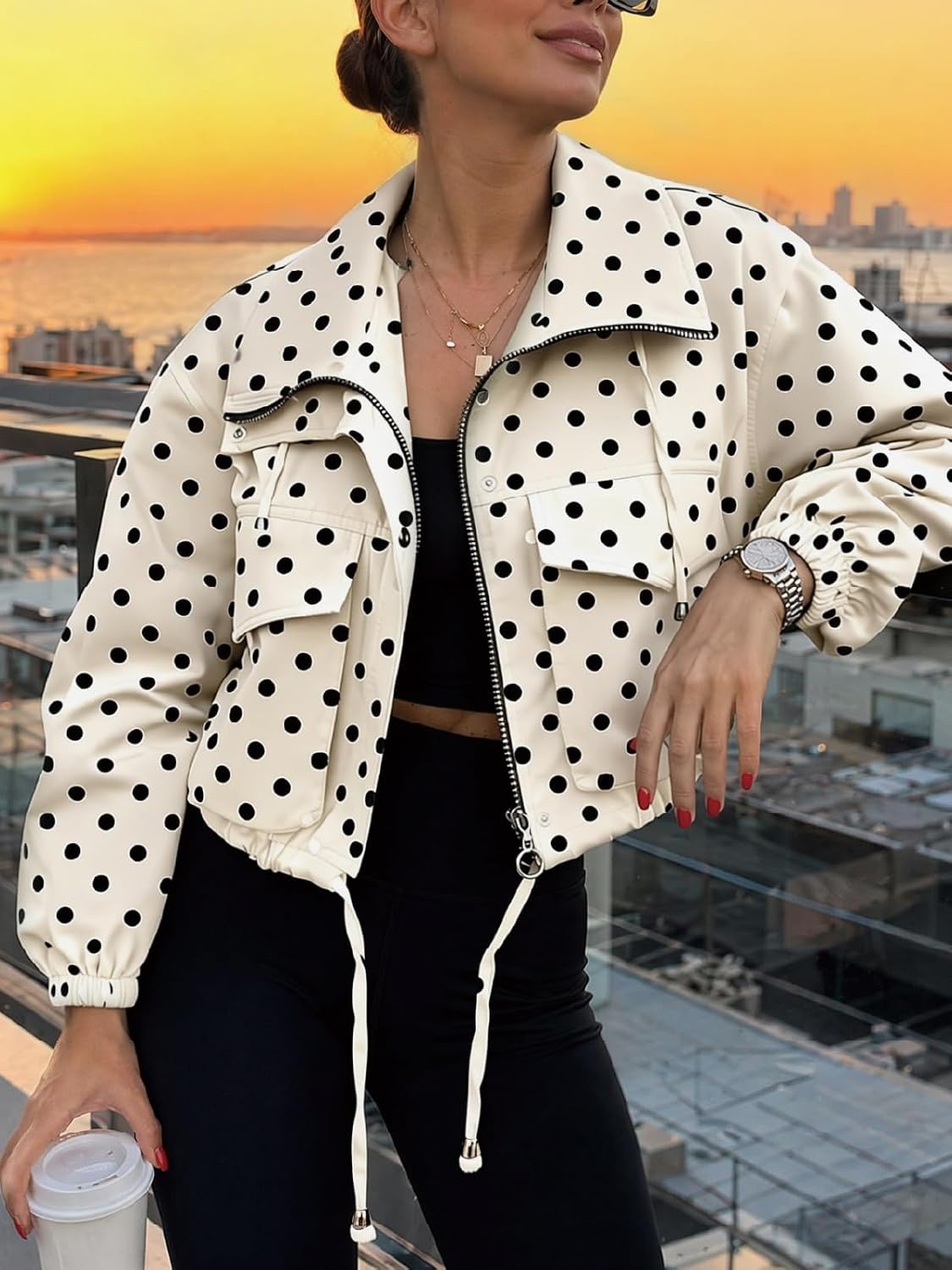 image:imageTankaneo Womens Cropped Jacket Zip Up Lightweight Oversized Utility AnorakPolka Dots Beige