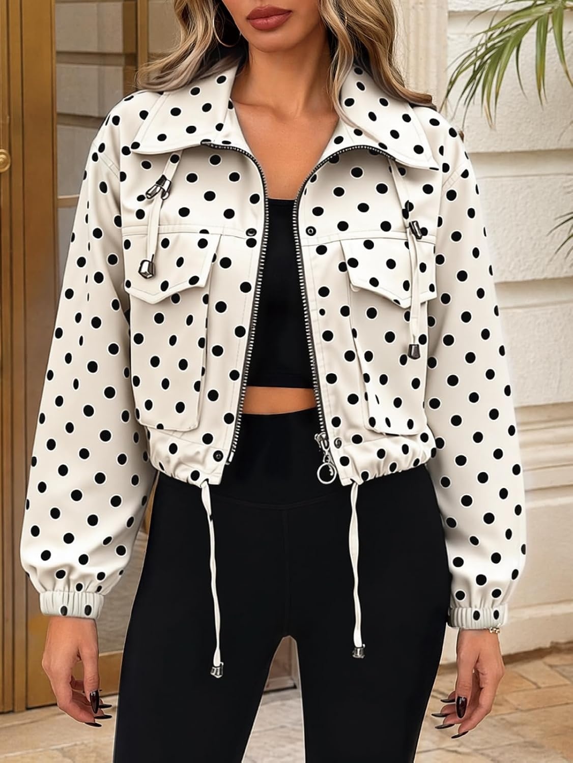 image:imageTankaneo Womens Cropped Jacket Zip Up Lightweight Oversized Utility AnorakPolka Dots Beige