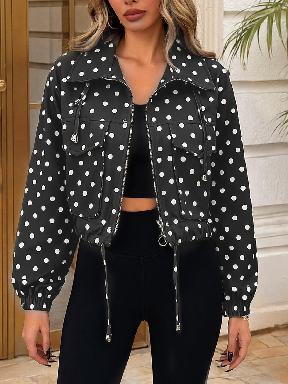 image:imageTankaneo Womens Cropped Jacket Zip Up Lightweight Oversized Utility AnorakPolka Dots Black
