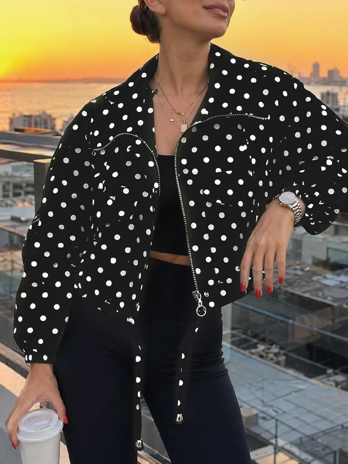 image:imageTankaneo Womens Cropped Jacket Zip Up Lightweight Oversized Utility AnorakPolka Dots Black
