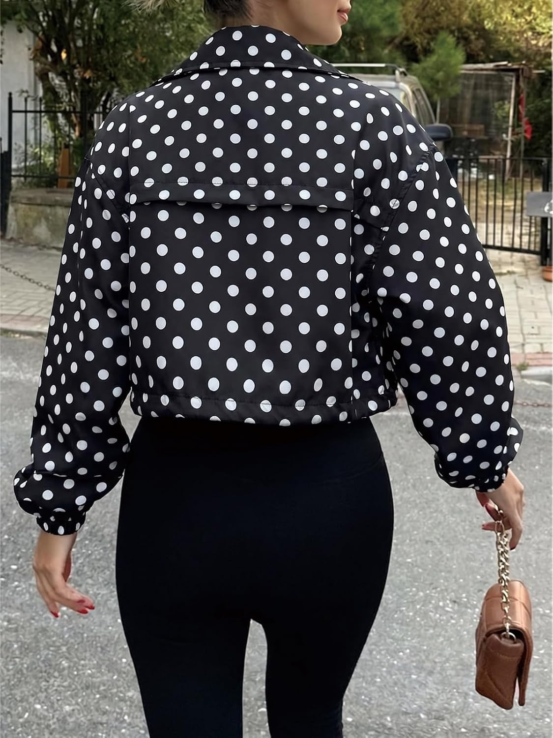 image:imageTankaneo Womens Cropped Jacket Zip Up Lightweight Oversized Utility AnorakPolka Dots Black