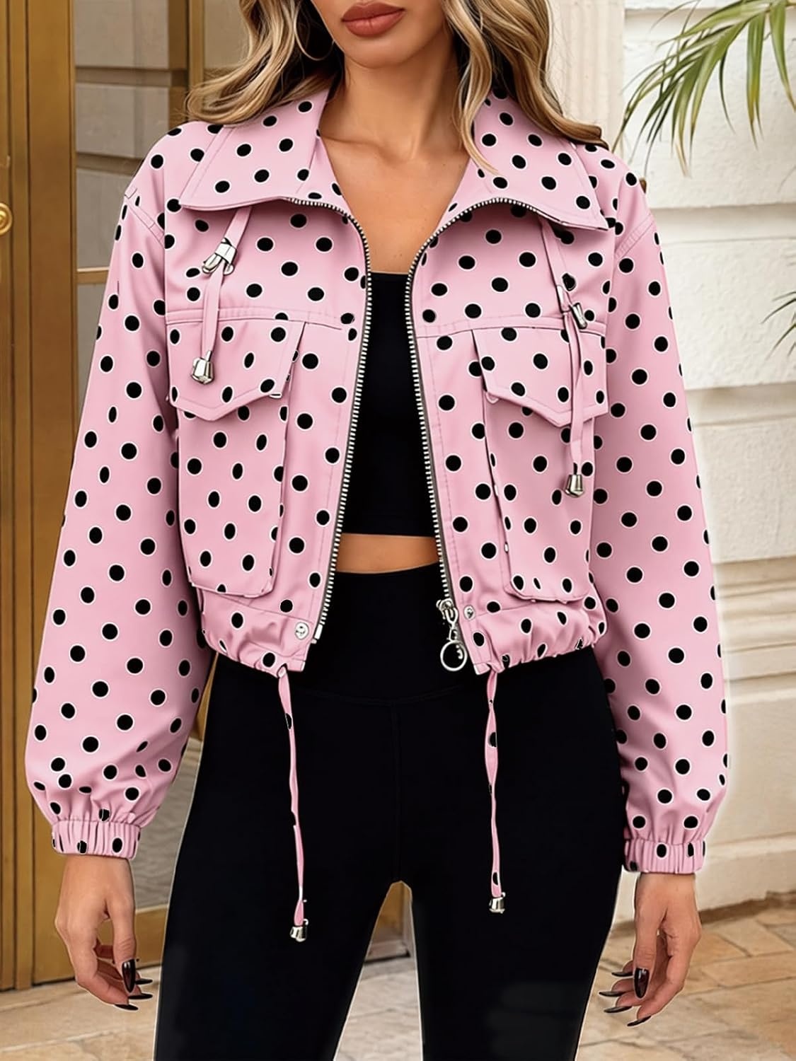 image:imageTankaneo Womens Cropped Jacket Zip Up Lightweight Oversized Utility AnorakPolka Dots Pink