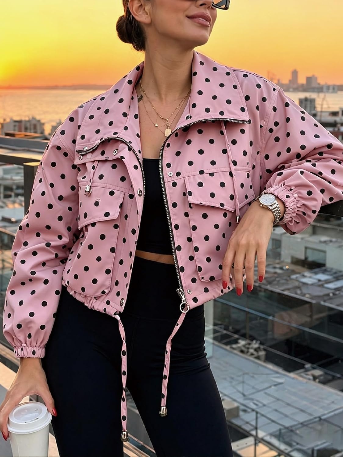 image:imageTankaneo Womens Cropped Jacket Zip Up Lightweight Oversized Utility AnorakPolka Dots Pink