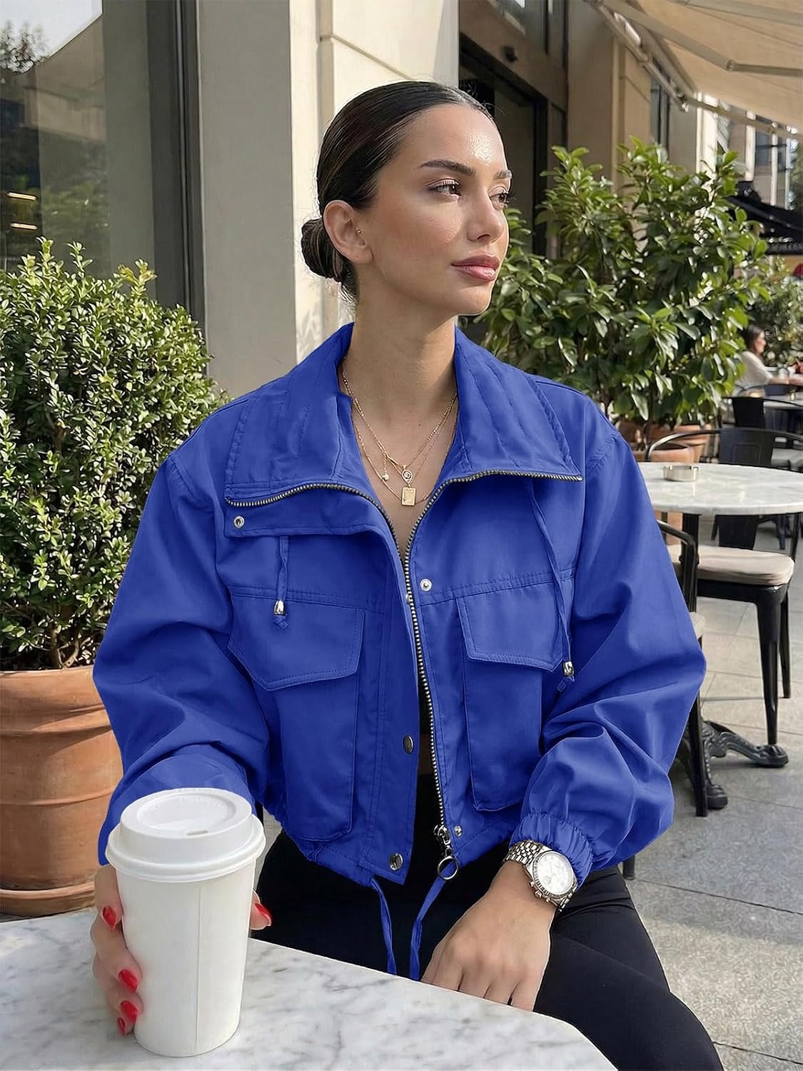 image:imageTankaneo Womens Cropped Jacket Zip Up Lightweight Oversized Utility AnorakRoyal Blue