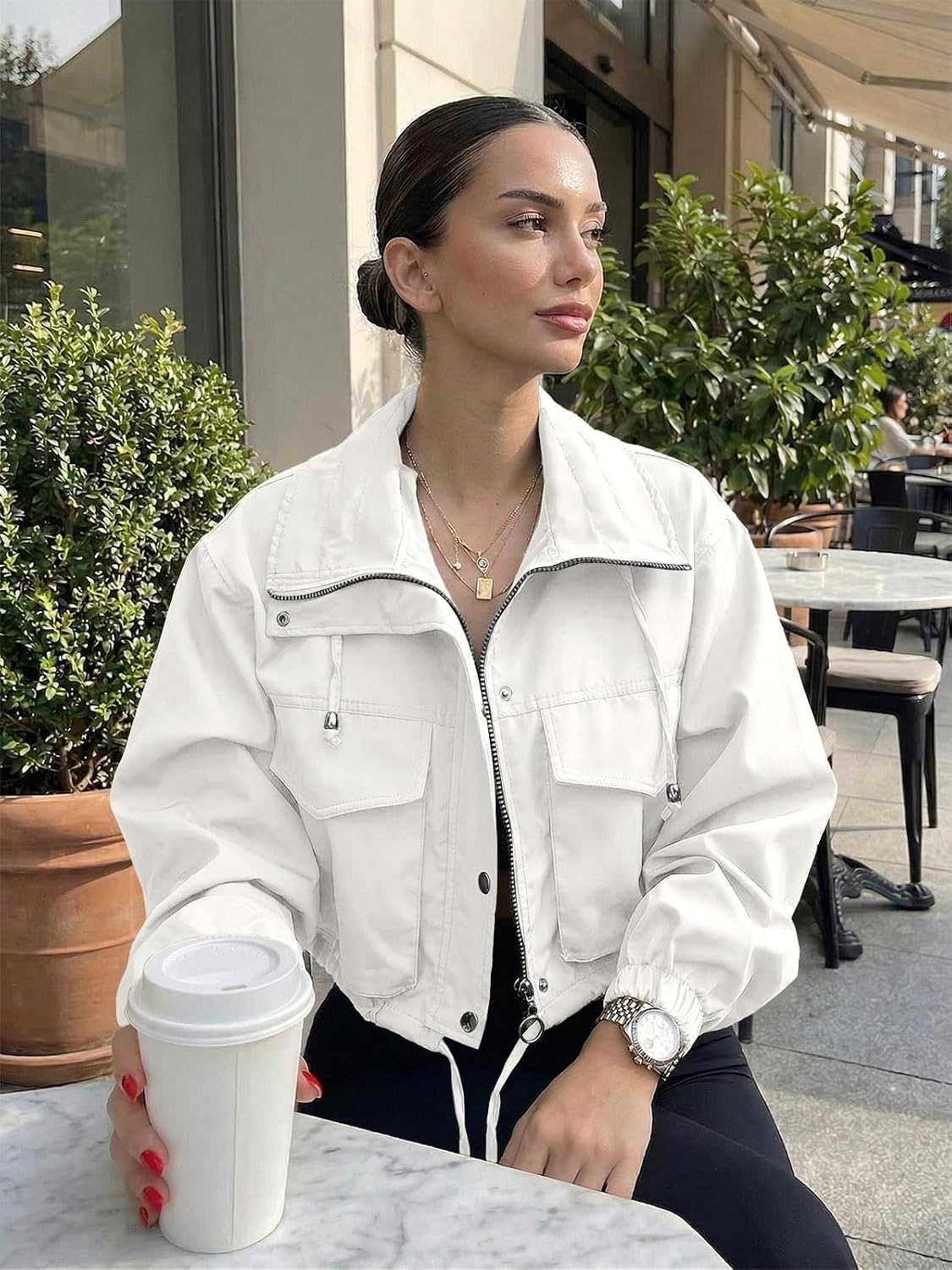 image:imageTankaneo Womens Cropped Jacket Zip Up Lightweight Oversized Utility AnorakWhite
