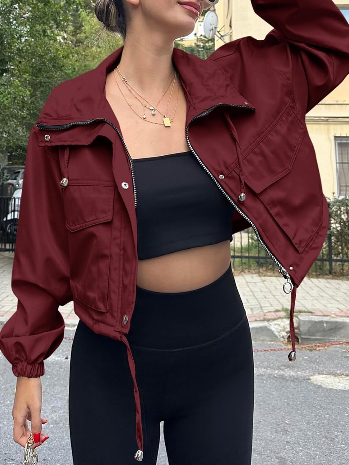 image:imageTankaneo Womens Cropped Jacket Zip Up Lightweight Oversized Utility AnorakWine Red