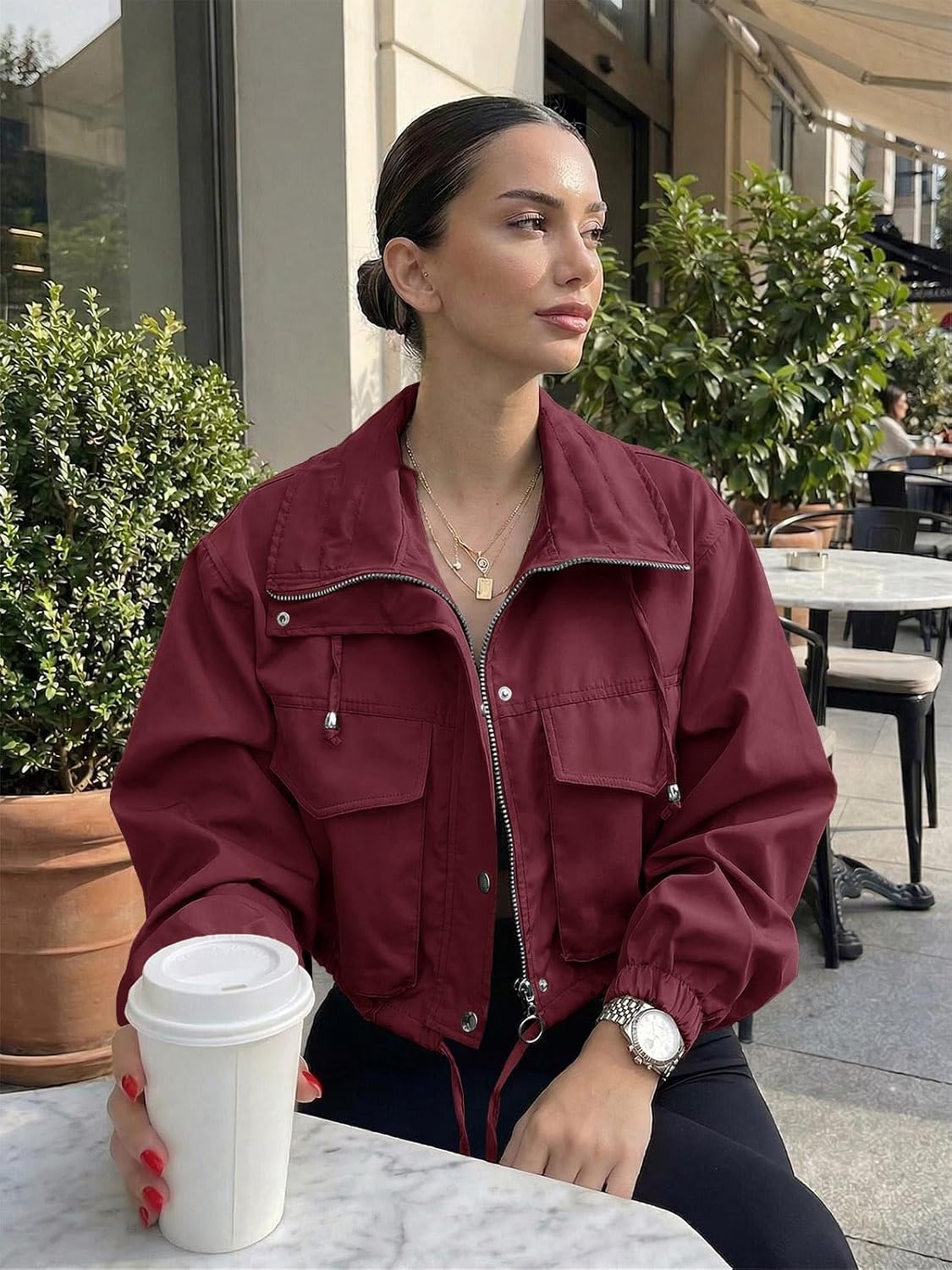 image:imageTankaneo Womens Cropped Jacket Zip Up Lightweight Oversized Utility AnorakWine Red