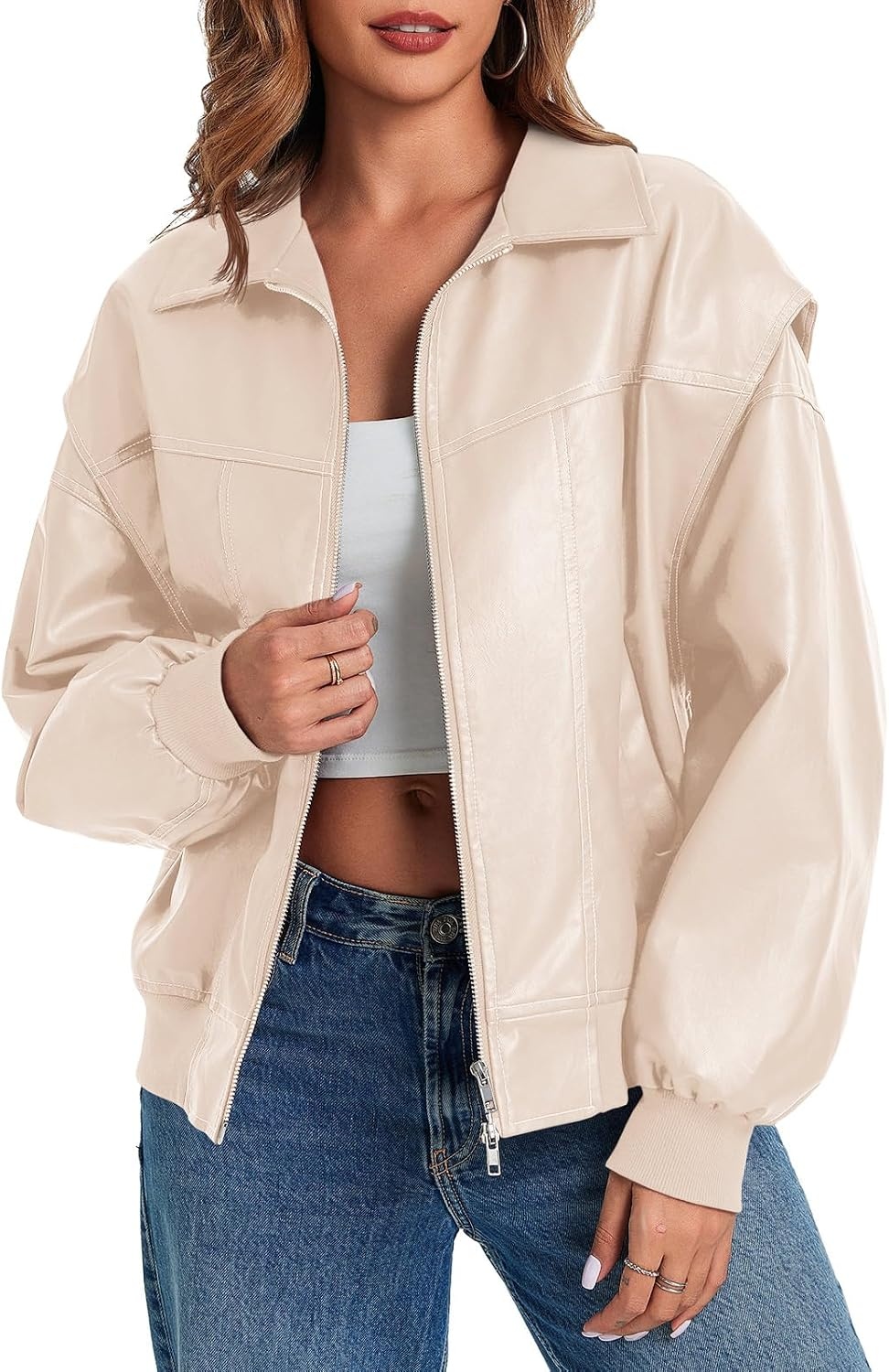image:imageTankaneo Womens Oversized Leather Bomber Jackets Zip Up Motorcycle CoatsApricot