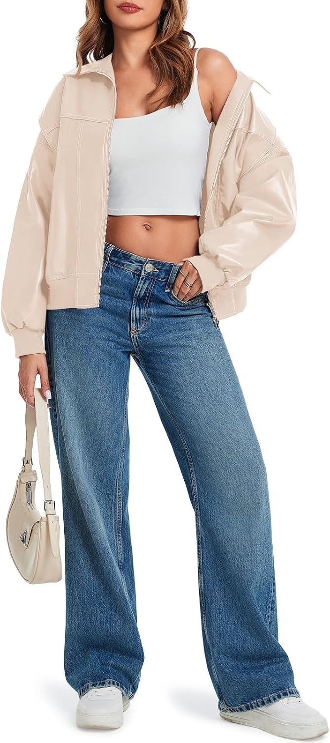 image:imageTankaneo Womens Oversized Leather Bomber Jackets Zip Up Motorcycle CoatsApricot