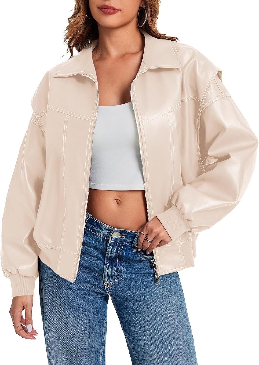 image:imageTankaneo Womens Oversized Leather Bomber Jackets Zip Up Motorcycle CoatsApricot