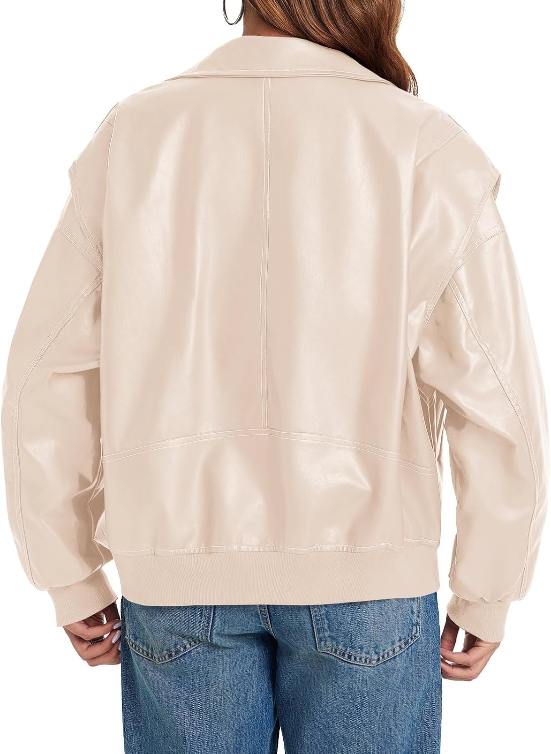 image:imageTankaneo Womens Oversized Leather Bomber Jackets Zip Up Motorcycle CoatsApricot