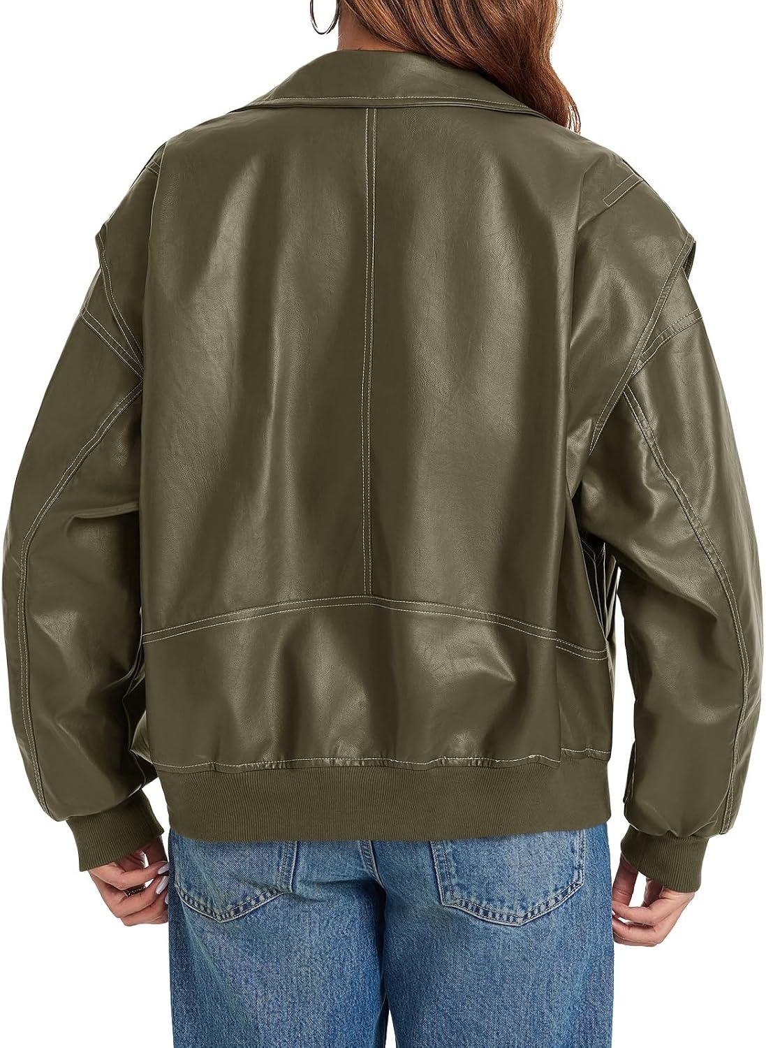image:imageTankaneo Womens Oversized Leather Bomber Jackets Zip Up Motorcycle CoatsArmy Green