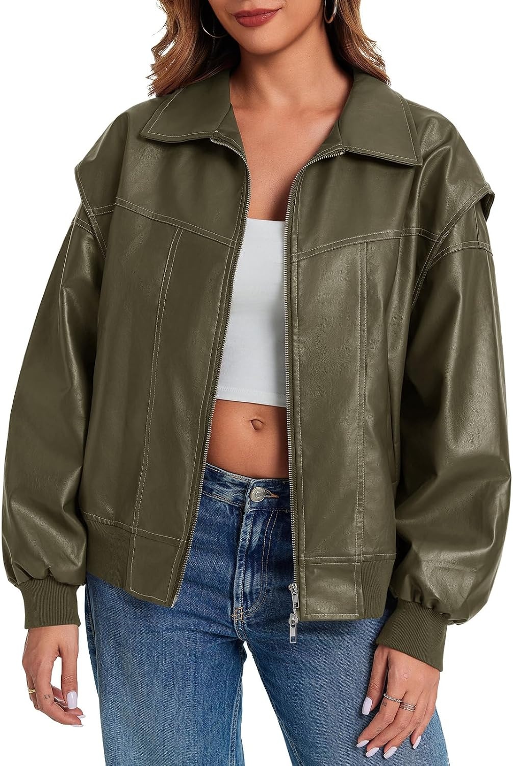 image:imageTankaneo Womens Oversized Leather Bomber Jackets Zip Up Motorcycle CoatsArmy Green