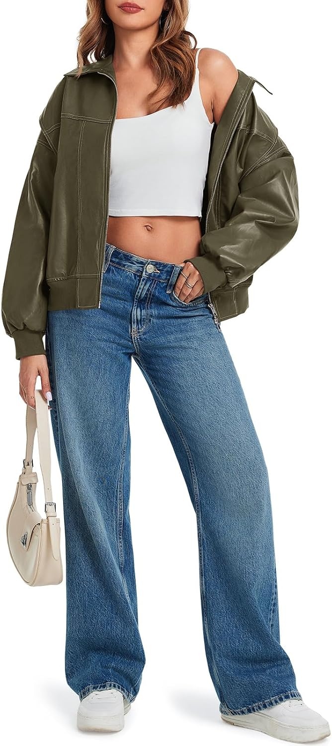 image:imageTankaneo Womens Oversized Leather Bomber Jackets Zip Up Motorcycle CoatsArmy Green