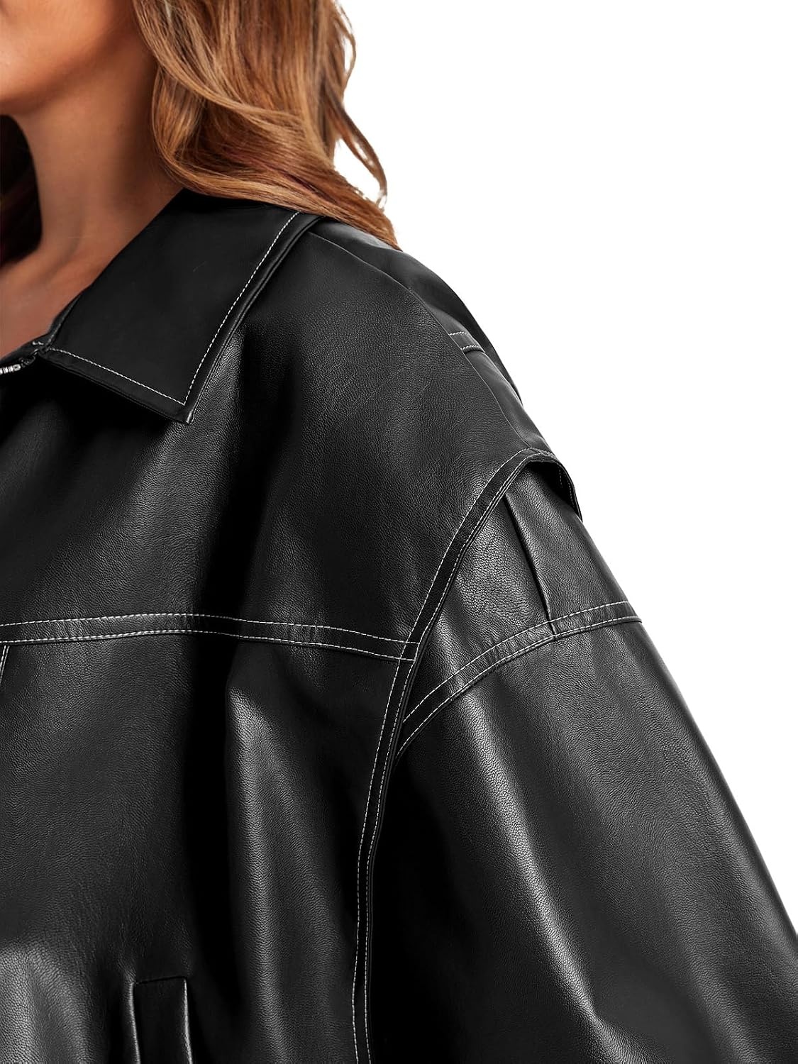 image:imageTankaneo Womens Oversized Leather Bomber Jackets Zip Up Motorcycle CoatsBlack