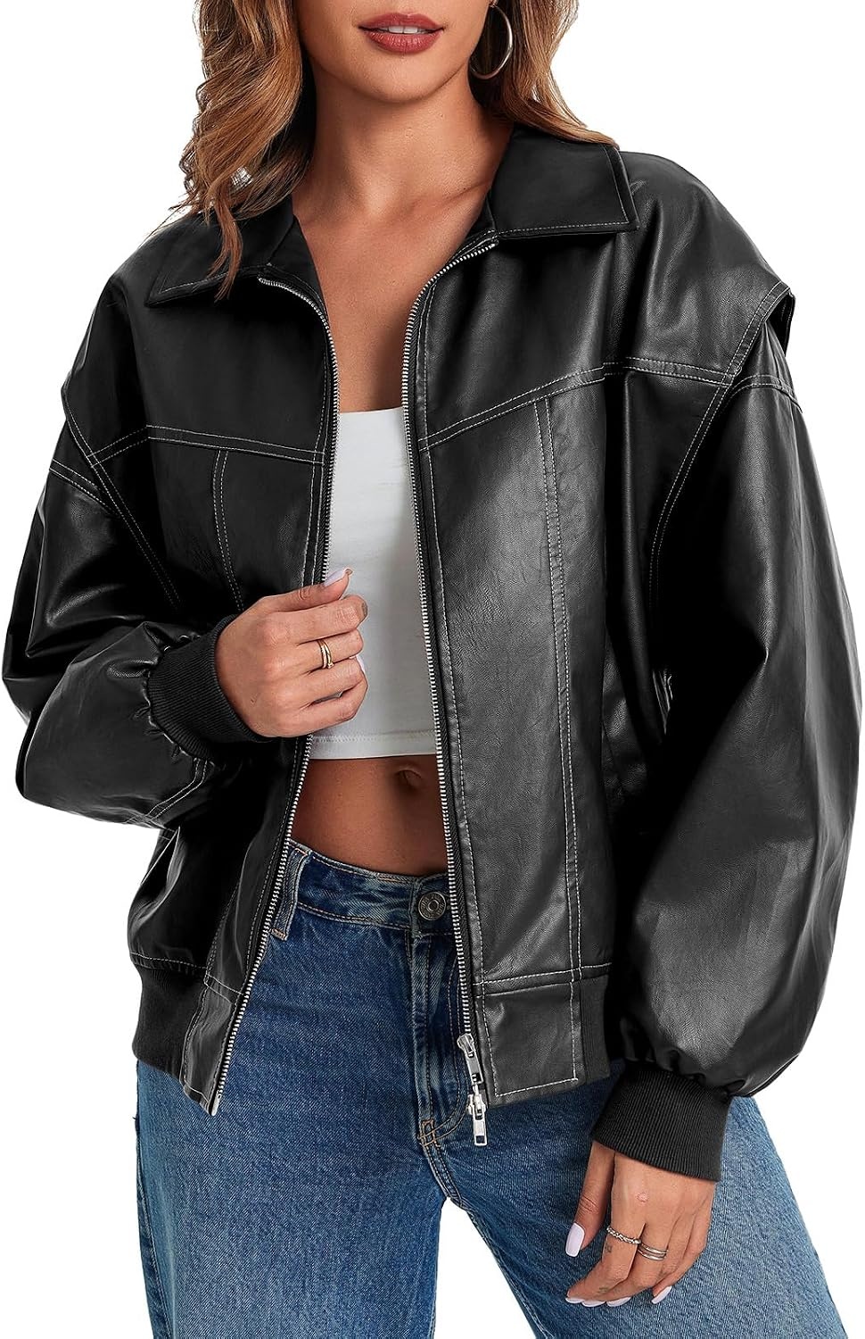 image:imageTankaneo Womens Oversized Leather Bomber Jackets Zip Up Motorcycle CoatsBlack