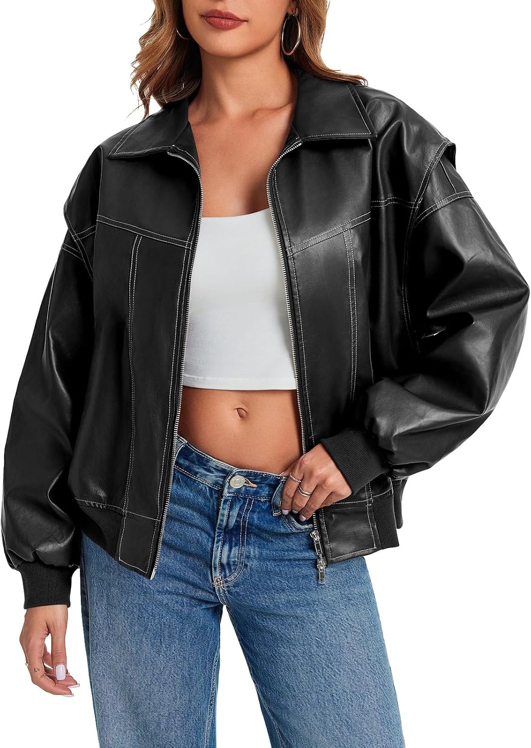 image:imageTankaneo Womens Oversized Leather Bomber Jackets Zip Up Motorcycle CoatsBlack