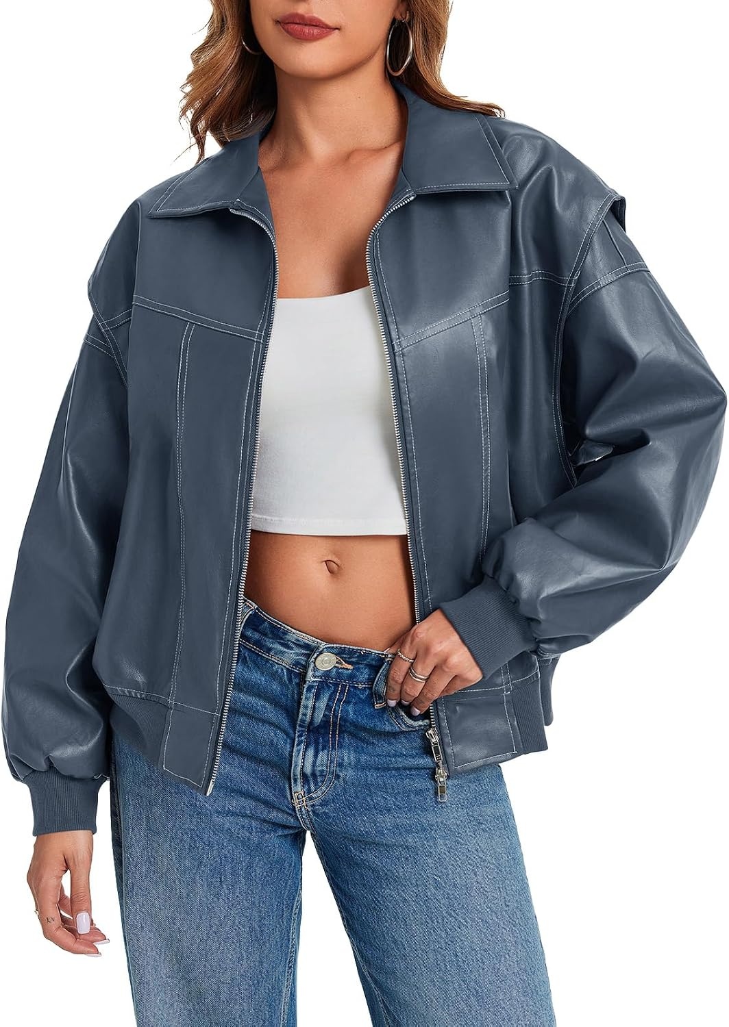 image:imageTankaneo Womens Oversized Leather Bomber Jackets Zip Up Motorcycle CoatsBlue Grey