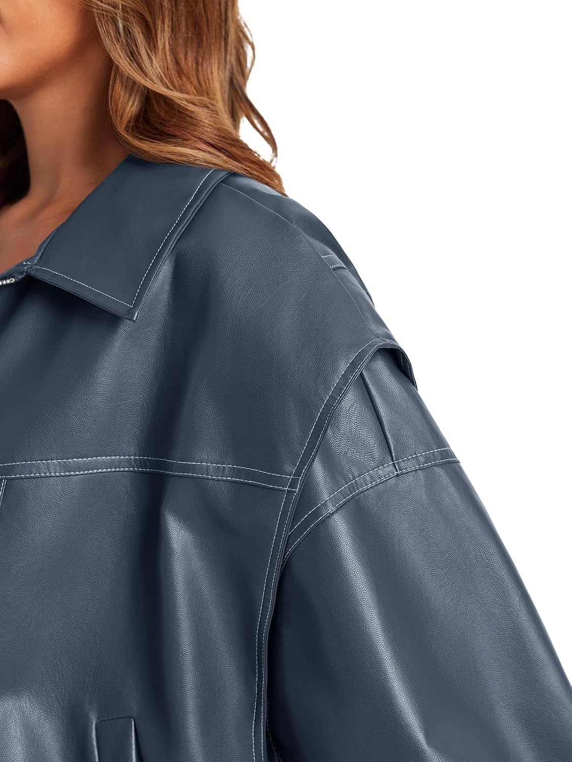image:imageTankaneo Womens Oversized Leather Bomber Jackets Zip Up Motorcycle CoatsBlue Grey
