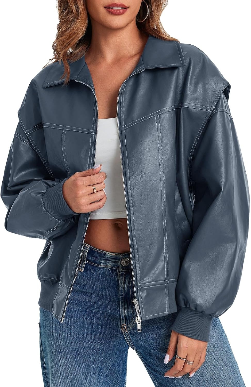 image:imageTankaneo Womens Oversized Leather Bomber Jackets Zip Up Motorcycle CoatsBlue Grey